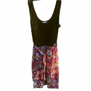 Olsenboye mini dress, black tank top with attached floral skirt
